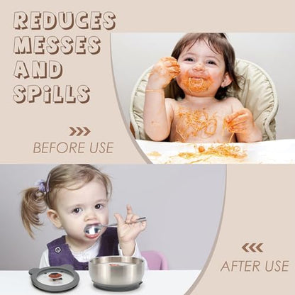 MR. CHOU Baby Bowls with Non-Slip Silicone Suction Cup, Insulated Double-Layer 18/8 Stainless Steel Toddler Bowls with BPA Free Airtight Lids, Food-Grade Silicone Safe for Kids (Gray) - color: Gray