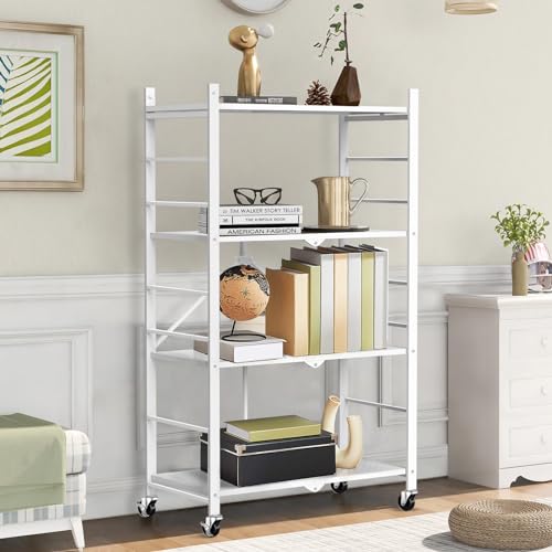 Himix 4-Tier Foldable Metal Storage Shelf with Wheels Kitchen White - color: White, size: 4-Tier