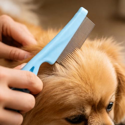 4-Pack Pet Flea Comb for Dogs & Cats - Fine Tooth Stainless Steel Grooming Comb with Non-Slip Rubber Handle, Effectively Removes Fleas, Mats & Tear Stains (Black, Blue, White & Pink)