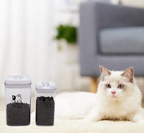 Pethiy Cat Food and pet Cat Treats Storage Container-Clear Plastic-airtight Storage Canister Tins cookie pet jars(Two-piece set) - color: CAT Off white