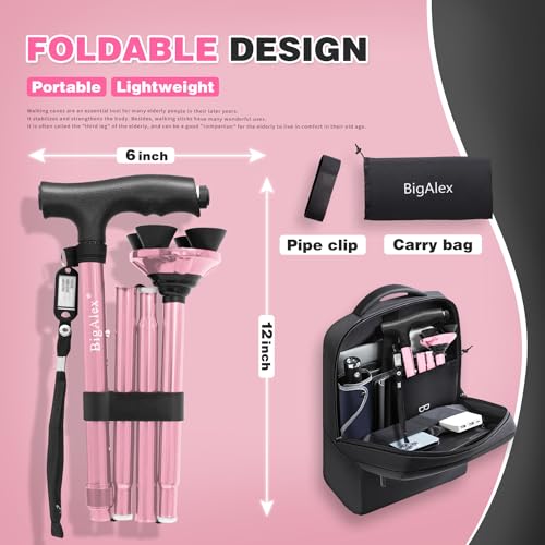 BigAlex Folding Walking Cane with LED Light,Pivoting Quad Base,Adjustable Walking Stick with Carrying Bag for Men/Women - color: Pink(5'5"-6'3")