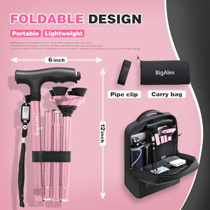 BigAlex Folding Walking Cane with LED Light,Pivoting Quad Base,Adjustable Walking Stick with Carrying Bag for Men/Women - color: Pink(5'5"-6'3")