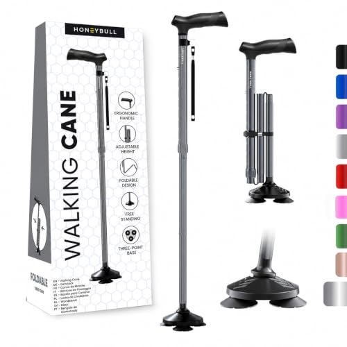 HONEYBULL Walking Cane for Men & Women, Foldable, Free Standing Cane - color: Gray