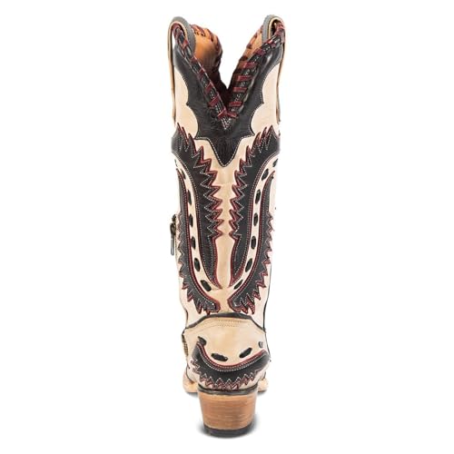 Yishaweiqi Embroidered Cowboy Boots for Women Mid Calf Cowgirl Boots Side Zipper Chunky Heel Snip Toe Knee High Western Boots - color: Black White, size: 8