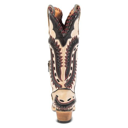 Yishaweiqi Embroidered Cowboy Boots for Women Mid Calf Cowgirl Boots Side Zipper Chunky Heel Snip Toe Knee High Western Boots - color: Black White, size: 8