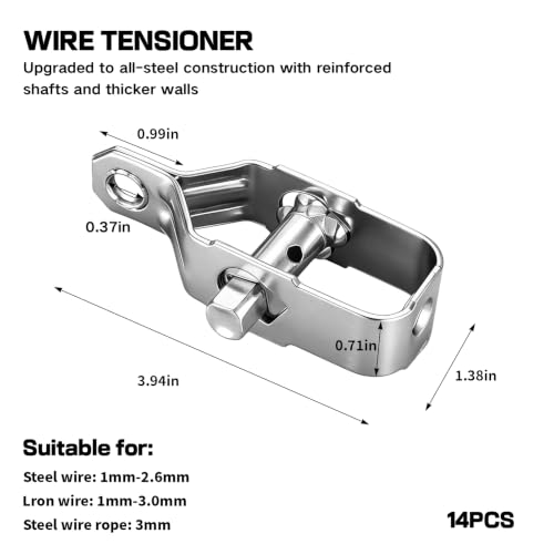 Wire Tensioner, All-Steel Wire Tightener, Heavy Duty Fence Tensioner-14PCS | Sturdy Metal Rope Tightener, Durable Fence Wire Tensioner Tool for Farm, Orchard, Outdoor Fencing and Cable Fastening - size: 4Inch/100MM