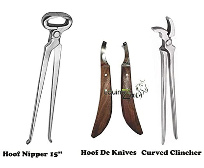 Hoof Nipper 15" with Hoof Curved Jaw Clincher & Farrier Hoof Knives Set – Professional Farrier Tool Kit for Horse Hoof Trimming, Clenching, and Shaping – Durable Steel Hoof Care Set