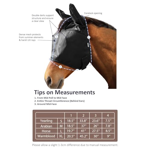 Harrison Howard UV-Proof Multi-Function Fabrics Thick Fleece Padding Horse Fly Mask Half Face with Ears Black Warmblood Extra Large - color: black, size: X-Large (Warmblood)