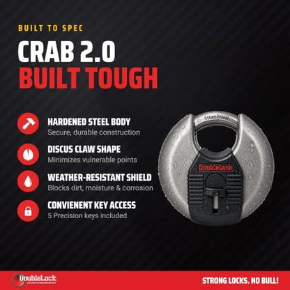 DoubleLock Crab 2.0 Discus Padlock, Keyed, Stainless Steel, 5 Keys