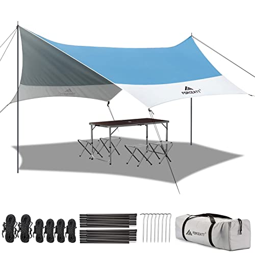 Forceatt 12x14FT Tarp with 2 Poles, Waterproof Anti-UV Camping Tarp Car Awning (UPF50+), Lightweight Sun Shelter for Car, Tent and Hammock in Hiking, Backpacking, Garden and Traveling - color: Light Blue