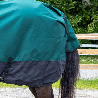 Country Pride Cascade Rainsheet for Horses, Waterproof 600D Turnout, Adjustable Double Buckle Front, Bias Surcingle, Removable Elastic Leg Straps, Shoulder Gussets, Tail Cover, Hunter Green/Black (84) - size: 84