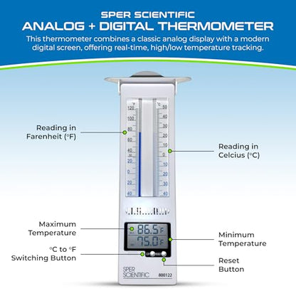 Sper Scientific Analog & Digital Min/Max Thermometer 800122 - Accurate Temperature Tracking, Weather-Resistant Design, Dual Display for Indoor & Outdoor Use, Ideal for Greenhouses, Labs & Food Storage - size: 1 Pack