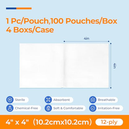 400 Packs Sterile Gauze Pads 4x4 Inch 12-Ply, 100% Cotton Large Gauze Sponges for Wound Care, Highly Absorbent Bulk Hospital-Grade First Aid & Surgical Dressing - size: 4"x4"(Pack of 400)