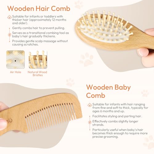 Baby Brush and Comb Set, 4 Piece Wooden Soft Bristle Hairbrush for Newborns | Baby Brush for Cradle Cap, Essentials Care Kit, Baby Shower Gift for Boys & Girls