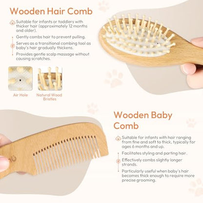 Baby Brush and Comb Set, 4 Piece Wooden Soft Bristle Hairbrush for Newborns | Baby Brush for Cradle Cap, Essentials Care Kit, Baby Shower Gift for Boys & Girls