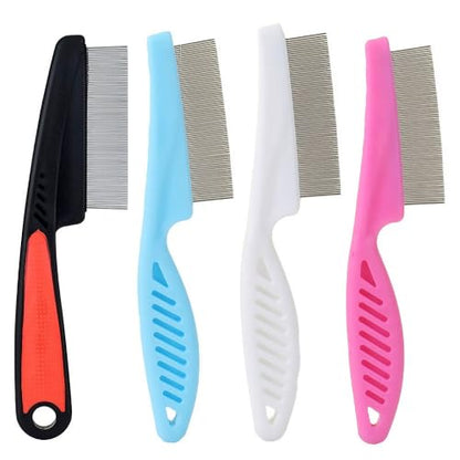 4-Pack Pet Flea Comb for Dogs & Cats - Fine Tooth Stainless Steel Grooming Comb with Non-Slip Rubber Handle, Effectively Removes Fleas, Mats & Tear Stains (Black, Blue, White & Pink)