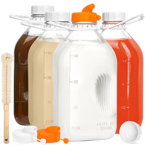 KMIGRUAN 64oz Glass Milk Bottle with Lid, 4 Pack 2QT Glass Milk Container | Half Gallon Glass Water Jugs with Handle and Airtight Reusable Lids, Refrigerator Storage Bottles for Juice or Plant Milks - style: 4Pack
