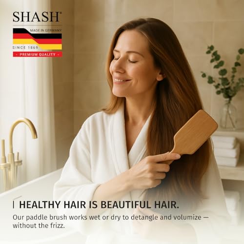 Made in Germany - SHASH Large Paddle Hair Brush, Thick And Curly Hair - Detangler With Long Pins & Rubber Cushion - Helps Detangle Knots, Eliminate Frizz, Reduce Pulling & Snagging - size: Large