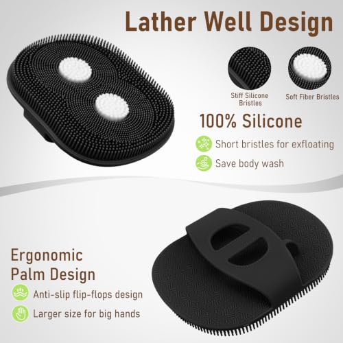 Silicone Body Back Scrubber for Shower 2 Pack, Long Handle Scrub Brush - color: Pink & Black