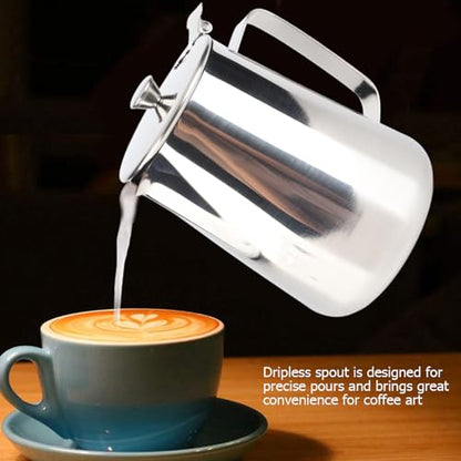 Milk Frother Cup, Stainless Steel Milk Frothing Pitcher, Milk Frothing Jug with Lid and Handle, Frothing Cup Pitcher, Coffee Frothing Mug for Office Home Kitchen (1500ML) - size: 1500ML
