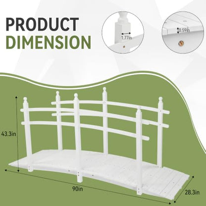 Outvita 7.5 ft Garden Wooden Bridge Arch Stained Finish with Safety Rails Outdoor Footbridge for Backyard Creek Farm, Decorative Pond Bridge - size: 7.5ft-White