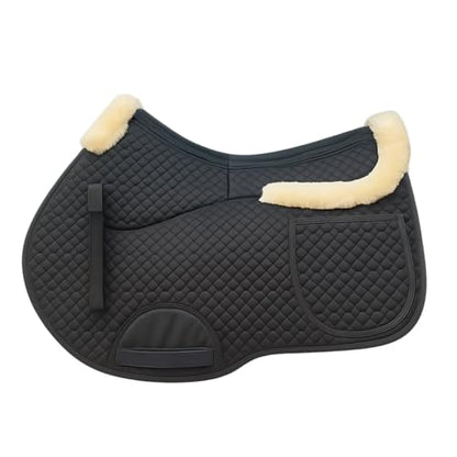 Universal English Saddle Pad with Adjustable Shims, Faux Shearling Trim, Plush Faux Wool, 3D Cooling & Non-Slip Tech. Ideal for Dressage, Jumping & Training. Machine Washable - color: Black