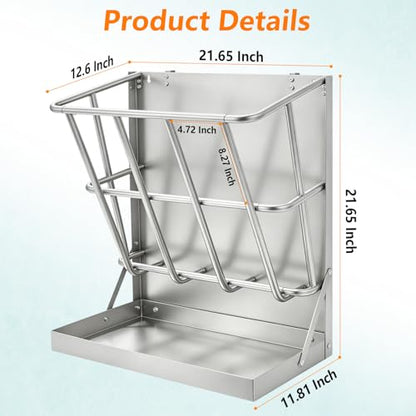 2 in 1 Wall Mount Hay and Grain Feeder, 25 Gallons Livestock Feeder | Galvanized Steel Wall Hay Rack, Hanging Hay Feeder with Mounting Kit for Goats Sheep Horse, Slow Feeder for Goats with Trough - color: Silver