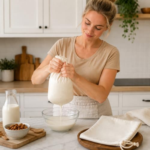 Reusable Cotton Nut Milk Bag, Fine Mesh Food Strainer Cheesecloth Bag, Multipurpose Cold Brew Coffee Filter Bag for Almond Milk, Yogurt, Juice, Cheese Making, Home Food Straining (10"x12") - color: 10"x12"