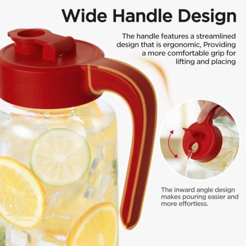 Mason Jar Pitcher, 64 oz (2 quart), Glass Pitcher with Lid | Airtight, Leak proof, Ergonomic Handle, Pour Spout Lid, Fridge Safe, for Sun Tea, Iced Tea, Cold Brew, Lemonade, Outside - color: Red