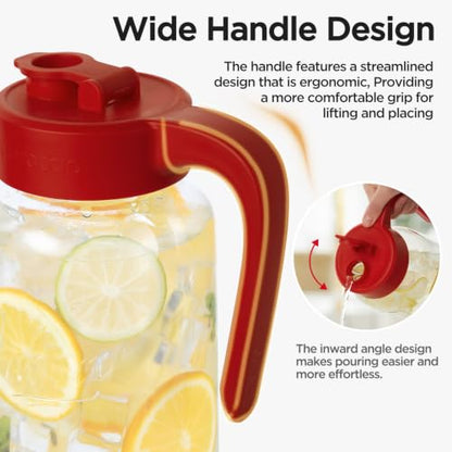 Mason Jar Pitcher, 64 oz (2 quart), Glass Pitcher with Lid | Airtight, Leak proof, Ergonomic Handle, Pour Spout Lid, Fridge Safe, for Sun Tea, Iced Tea, Cold Brew, Lemonade, Outside - color: Red