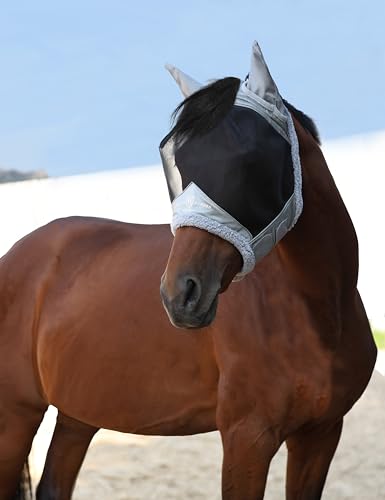 Harrison Howard Horse Fly Mask UV Protective Fine Mesh with Extra Wool Soft Touch on Skin Fly and UV Protection Moonlight Silver-Black M - color: Moonlight Silver-Black, size: M