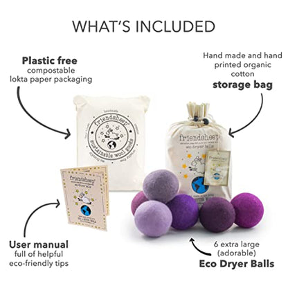 Friendsheep Wool Dryer Balls, Organic Reusable Fabric Softener Alternative for Laundry, Handmade, Fair Trade, Hypoallergenic, Eco-Friendly, Plastic-Free (6 Pack XL - Purple Haze) | Reusable fabric softener alternative Organic wool, handmade, fair trade, h