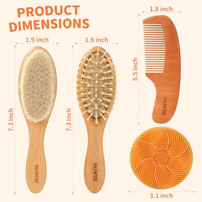 4 Pack Wooden Baby Hair Brush Set, Baby Brush and Comb Set with Soft Goat Bristle, Cradle Cap Brush for Newborns & Toddlers, Perfect Baby Registry Gift