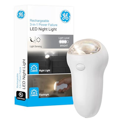 GE 3-in-1 LED Power Failure Nighlight Emergency Flashlight Soft White Night Light Plug Into Wall Rechargeable Dusk to Dawn Auto On/Off Hurricane Storm Tornado 11281