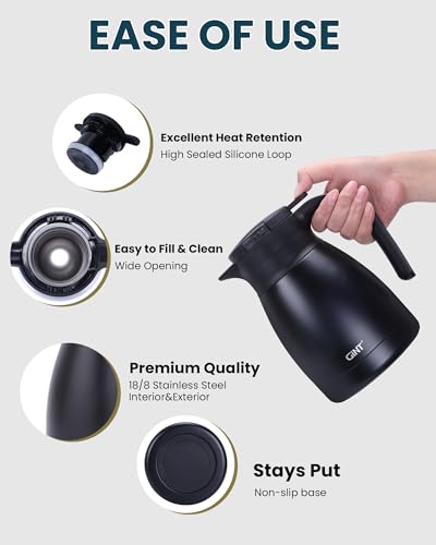GiNT 1L / 34Oz Thermal Coffee Carafe, Insulated Stainless Steel Coffee Carafes for Keeping Hot/Double Walled Vacuum Thermal Carafe (Black) - color: Black, size: 34 Ounces