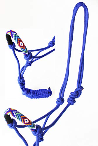 CHALLENGER Nylon Horse Braided Rope Halter Beaded Noseband Lead Rope 606RT - color: Blue/Beaded