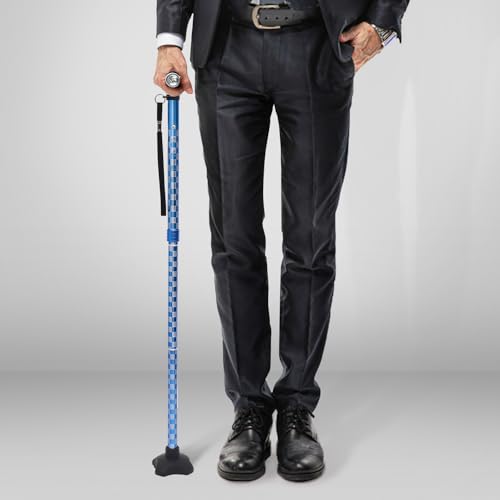 BeneCane Walking Cane for Women Folding Cane for Men with Two Led Lights Quad Cane with Stable Base Lightweight and Adjustable Walking Stick - color: Carved Blue