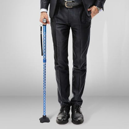 BeneCane Walking Cane for Women Folding Cane for Men with Two Led Lights Quad Cane with Stable Base Lightweight and Adjustable Walking Stick - color: Carved Blue