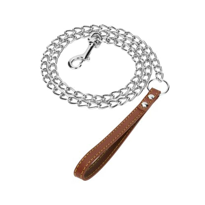SGODA Chain Dog Leash with Leather Handle 4 Feet Brown - color: Brown