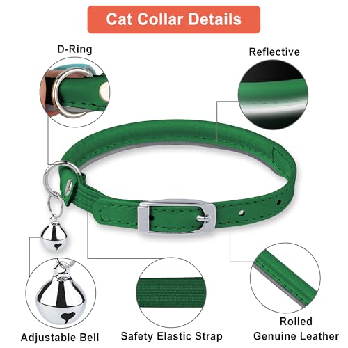 OOPSDOGGY Rolled Leather Cat Collar with Bell, Reflective Kitten Collars with Buckle Include Safety Elastic Strap - Adjustable Small Pet Collars for Boy Girl Cats (Green) - color: Green