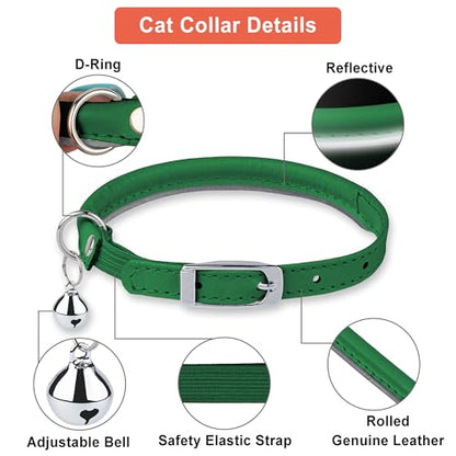 OOPSDOGGY Rolled Leather Cat Collar with Bell, Reflective Kitten Collars with Buckle Include Safety Elastic Strap - Adjustable Small Pet Collars for Boy Girl Cats (Green) - color: Green