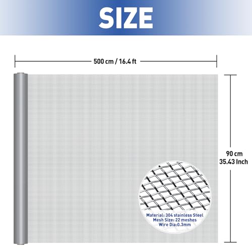 MAGZO 304 Stainless Steel Mesh Window Screen Roll 35in x 16ft - 22 Mesh - color: Silver, size: 35" x16FT
