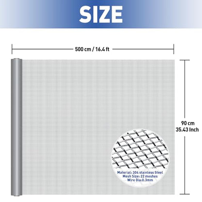 MAGZO 304 Stainless Steel Mesh Window Screen Roll 35in x 16ft - 22 Mesh - color: Silver, size: 35" x16FT