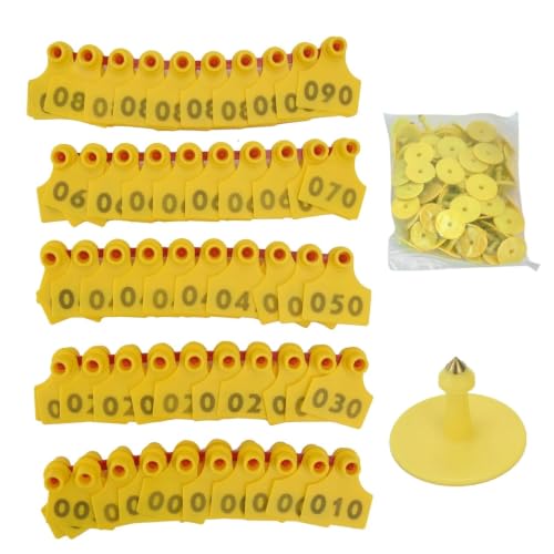 Cattle Ear Tags for Cow Sheep Goat Pig Numbered 001-100, Yellow