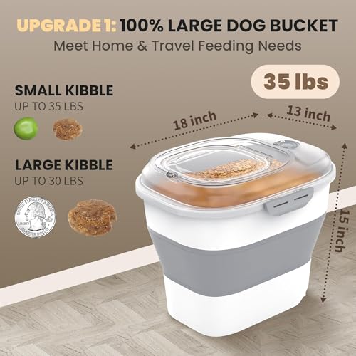 32-35 Lbs Dog Food Storage Container Wheels,Collapsible Dog Food Container | Pet Food Storage Container with Transparent Airtight Lid,Date Track,Keep Fresh for Rice,Flour,Sugar,Scoop and 2PCS Container - color: Clear/35 lbs