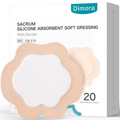 Dimora 20 Count Sacral Silicone Absorbent Dressing 7" x 7" - Sacrum Bandage with Border for Pressure Ulcers Post Surgical Wounds, Soft Adhesive Wound Pad for Moderate to Heavy Exudate - size: 7"x 7" - 20 pcs