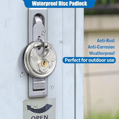 HOX Keyed Disc Padlock, Stainless Steel Keyed-Alike Padlocks, 2-Pack Heavy Duty Locks, Waterproof Outdoors Lock with 3/8 Inch Shackle, 2-3/4 Inch Wide Body, for Hasp Latch, Fences, Storage Locker - color: DP-2P