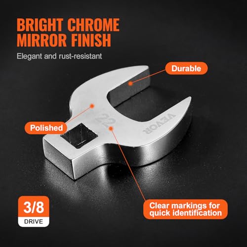 VEVOR Crowfoot Wrench Set, 3/8" Drive 20-Piece Crows Foot Wrench Set with 2 Extension Bars and EVA Tool Organizer,40CR Material with Mirror Chrome Finish, SAE 3/8"-7/8" and Metric 10-22 mm - size: 3/8" 20 PCS