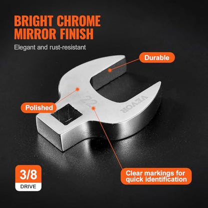 VEVOR Crowfoot Wrench Set, 3/8" Drive 20-Piece Crows Foot Wrench Set with 2 Extension Bars and EVA Tool Organizer,40CR Material with Mirror Chrome Finish, SAE 3/8"-7/8" and Metric 10-22 mm - size: 3/8" 20 PCS