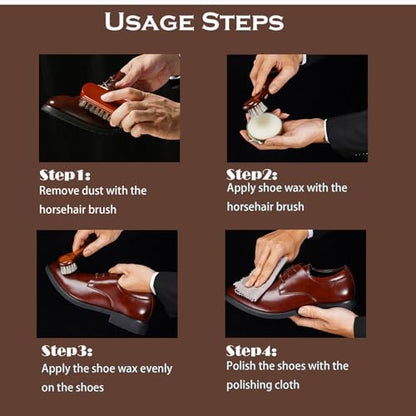 shoe care kit horsehair brush,long-handled round brush,white & black polish,polishing cloth,shoe horn,storage box. - color: Browm+black